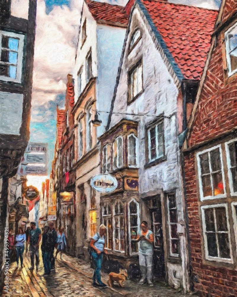 Colorful painting modern artistic artwork, real brush strokes, drawing in oil European famous old street view, beautiful old vintage houses, design print for canvas or paper poster, touristic product