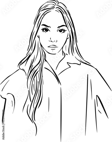 girl with long hair hand draw vector illustration