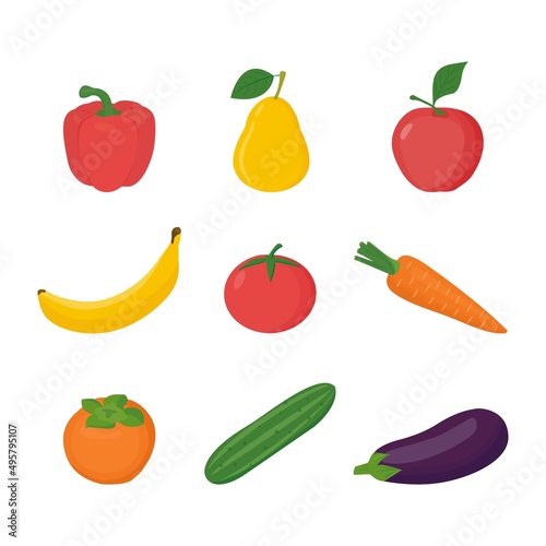 A set of fresh fruits and vegetables. Farmhouse. Vector cartoon illustration