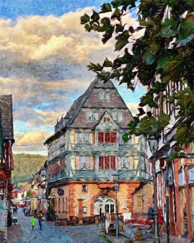 Fototapeta Naklejka Na Ścianę i Meble -  Colorful painting modern artistic artwork, real brush strokes, drawing in oil European famous old street view, beautiful old vintage houses, design print for canvas or paper poster, touristic product