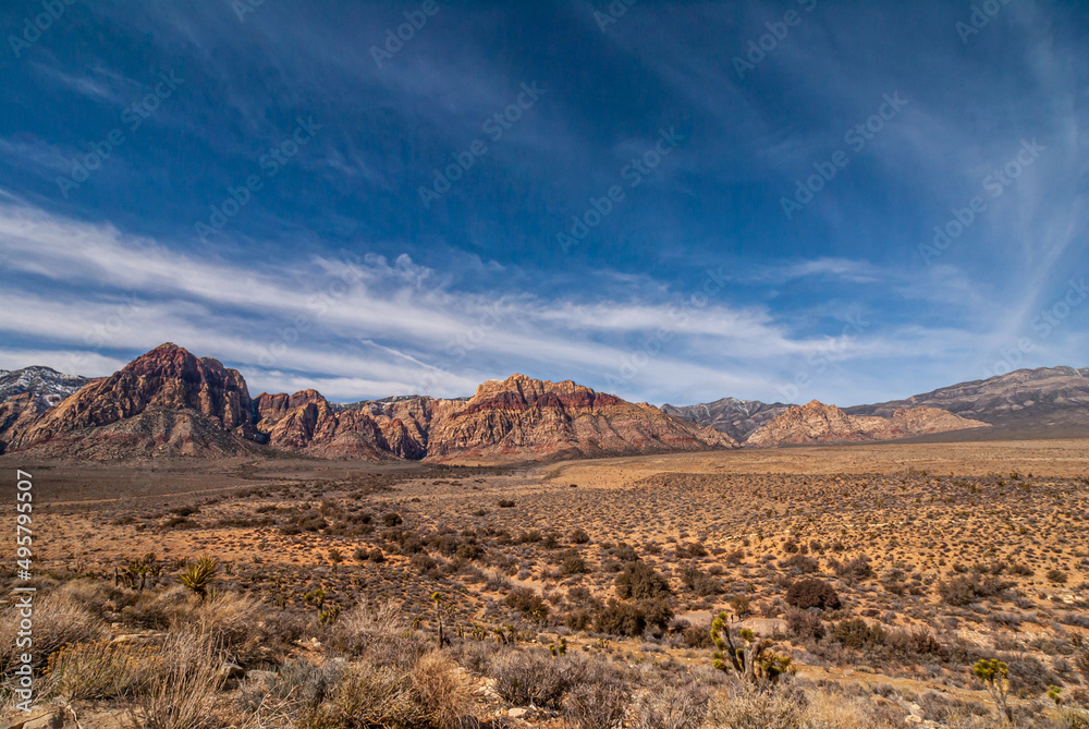 Las Vegas, Nevada, USA - February 23, 2010: Red Rock Canyon Conservation Area. Vast dry forest landscape with multi-color mountain range on horizon under blue cloudscape. Scrubs in front.