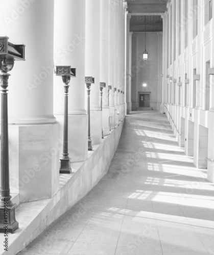 Photography Grayscale shot of the outside pillars of the Union Station, Toronto, Canada
