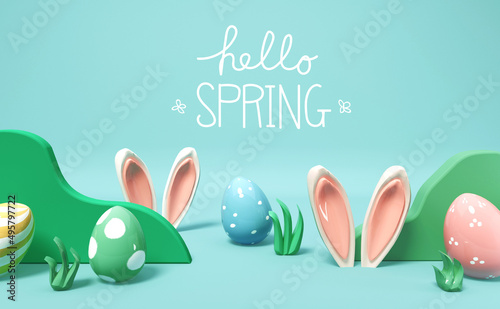 Photography Hello spring message with rabbit ears and Easter eggs