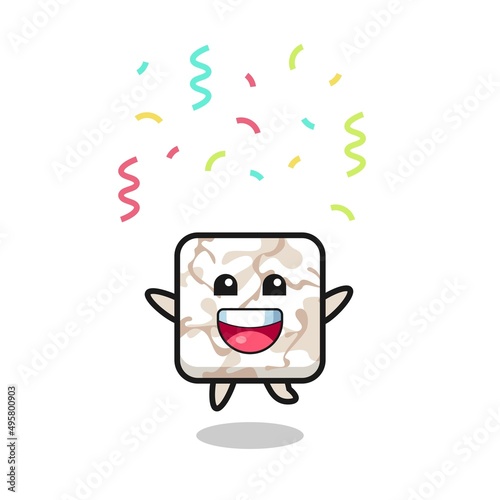 happy ceramic tile mascot jumping for congratulation with colour confetti