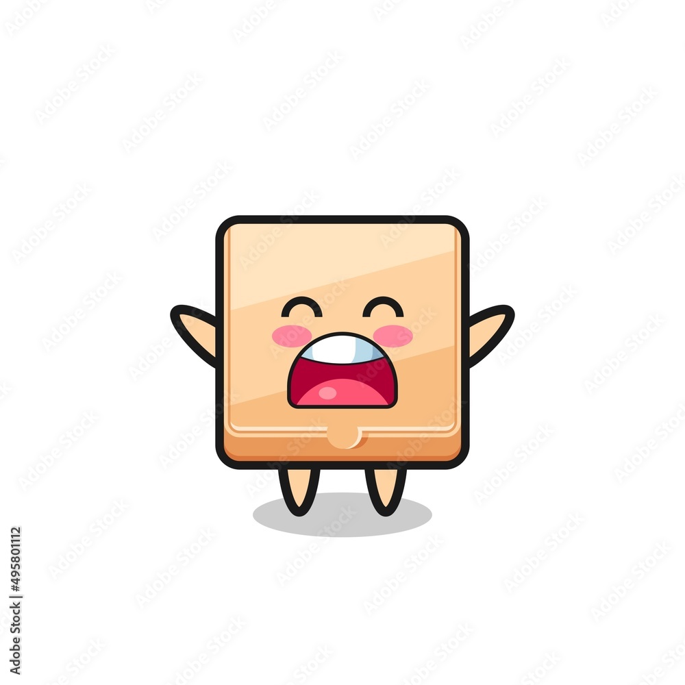cute pizza box mascot with a yawn expression