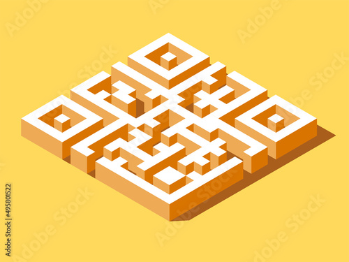Isometric vector. Qr code in the form of a maze on a yellow background in 3d. The concept of design and search for ideas for business. Sales psychology poster for marketer 