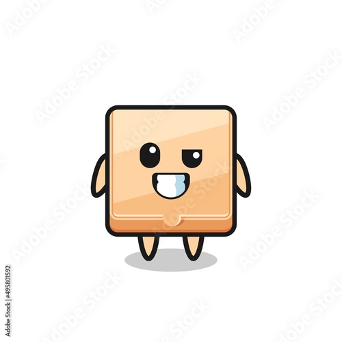 cute pizza box mascot with an optimistic face