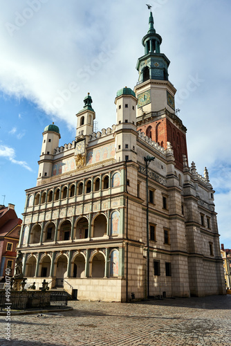 The facade with stone arcades of the historic Renaissance town hall