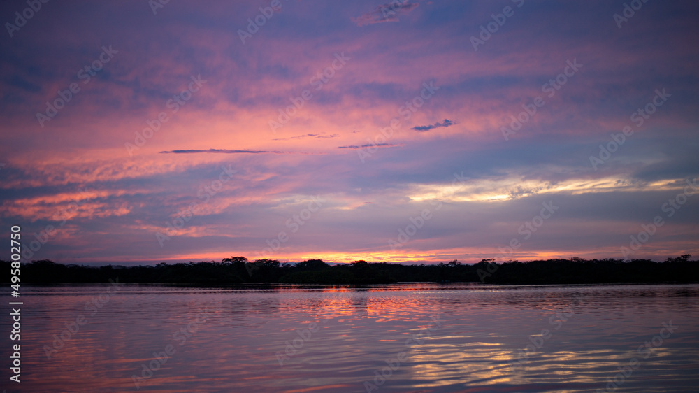 Beautiful background of an purple evening sky over a lake in Cuyabeno, the Amazon in Ecuador, South America Beautiful background of an purple evening sky over a lake in Cuyabeno, the Amazon in Ecuador, South America