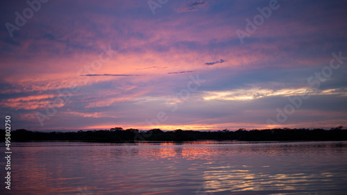 Beautiful background of an purple evening sky over a lake in Cuyabeno, the Amazon in Ecuador, South America