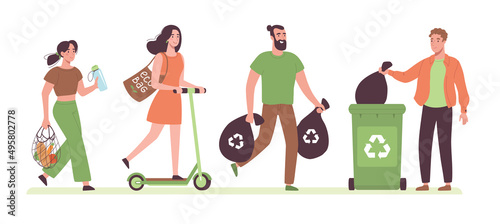 Modern people care about the environment. People sort garbage, ride a scooter, use reusable bags and bottles. Ecological concept. Eco friendly lifestyle with zero waste. Vector illustration in a flat