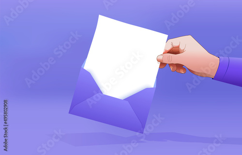 A hand holds an open mail envelope with a letter. Template with a blank sheet of paper. Send a message. Courier delivery advertisement. Legal message of the application. Write text. Vector 