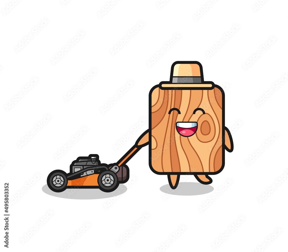 illustration of the plank wood character using lawn mower illustration of the plank wood character using lawn mower
