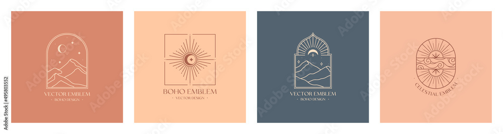 Vector linear boho emblems with mountain landscape;sun and sky concept.Travel logos with mountains or desert dunes;sun,moon and stars.Modern bohemian icons or symbols in oriental style.Branding design