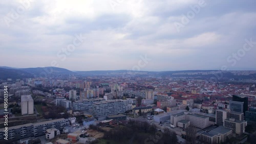 Drone flies over the city