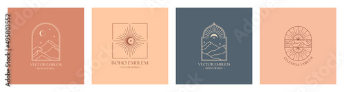 Vector linear boho emblems with mountain landscape;sun and sky concept.Travel logos with mountains or desert dunes;sun,moon and stars.Modern bohemian icons or symbols in oriental style.Branding design