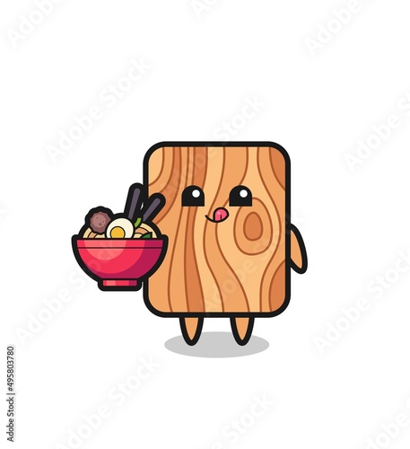 cute plank wood character eating noodles