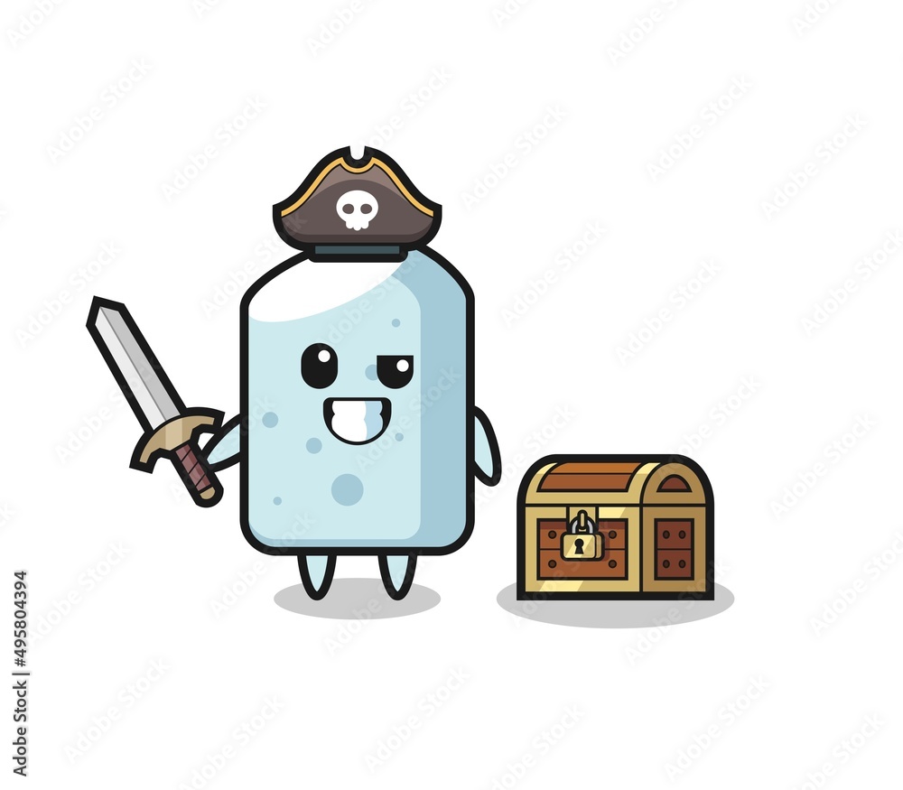 the chalk pirate character holding sword beside a treasure box