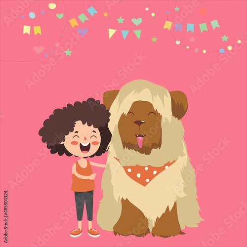 Cute Cartoon Little Girl and Pet Dog Friendship Flat Illustration