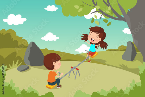 Cute Cartoon Kids Playing Seesaw Flat Illustration