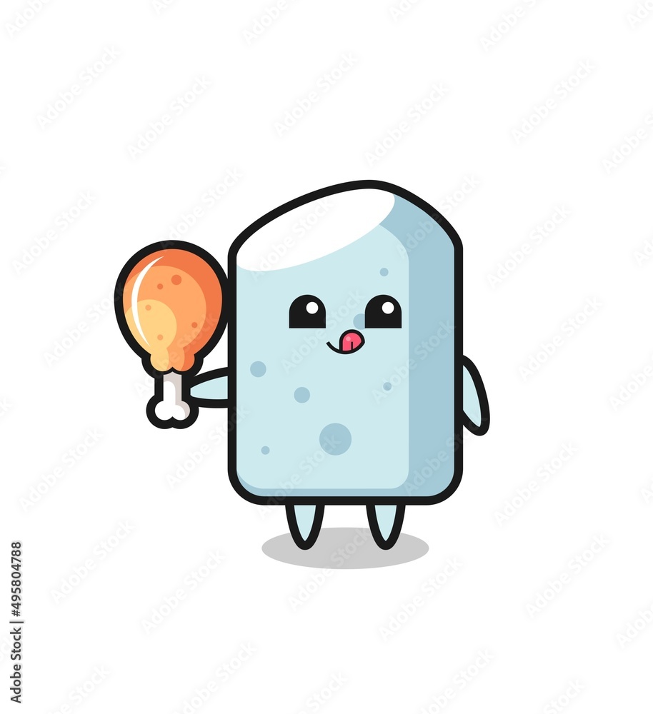 chalk cute mascot is eating a fried chicken