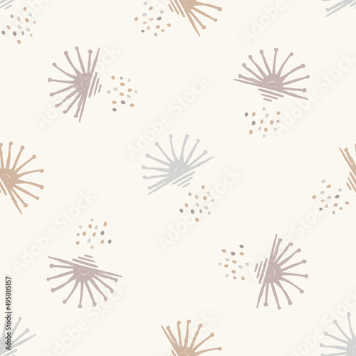 Calm newborn minimal seamless sun pattern. Gender neutral baby nursery decor background. Scandi style sketch wallpaper background tile or toddler inclusive apparel fashion.