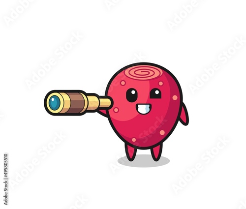 cute prickly pear character is holding an old telescope