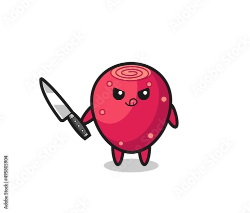 cute prickly pear mascot as a psychopath holding a knife