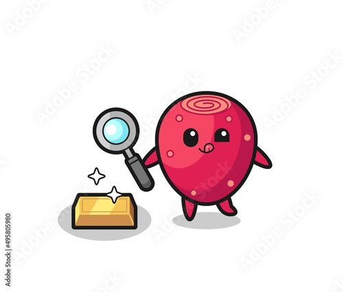 prickly pear character is checking the authenticity of the gold bullion