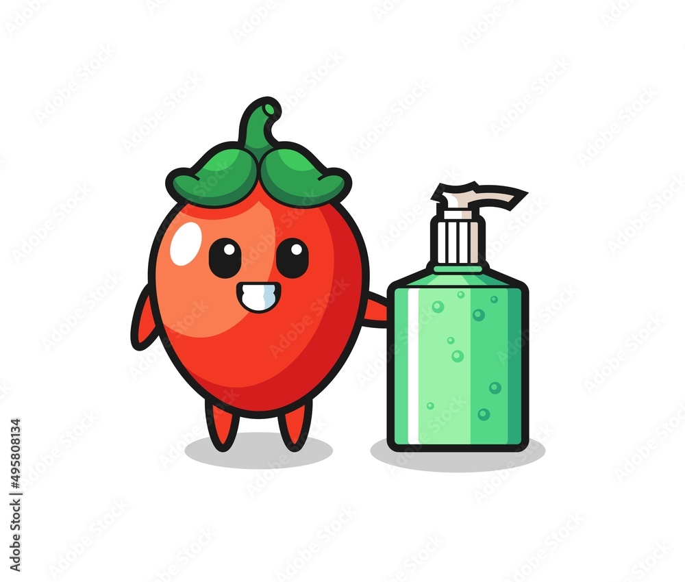 cute chili pepper cartoon with hand sanitizer cute chili pepper cartoon with hand sanitizer