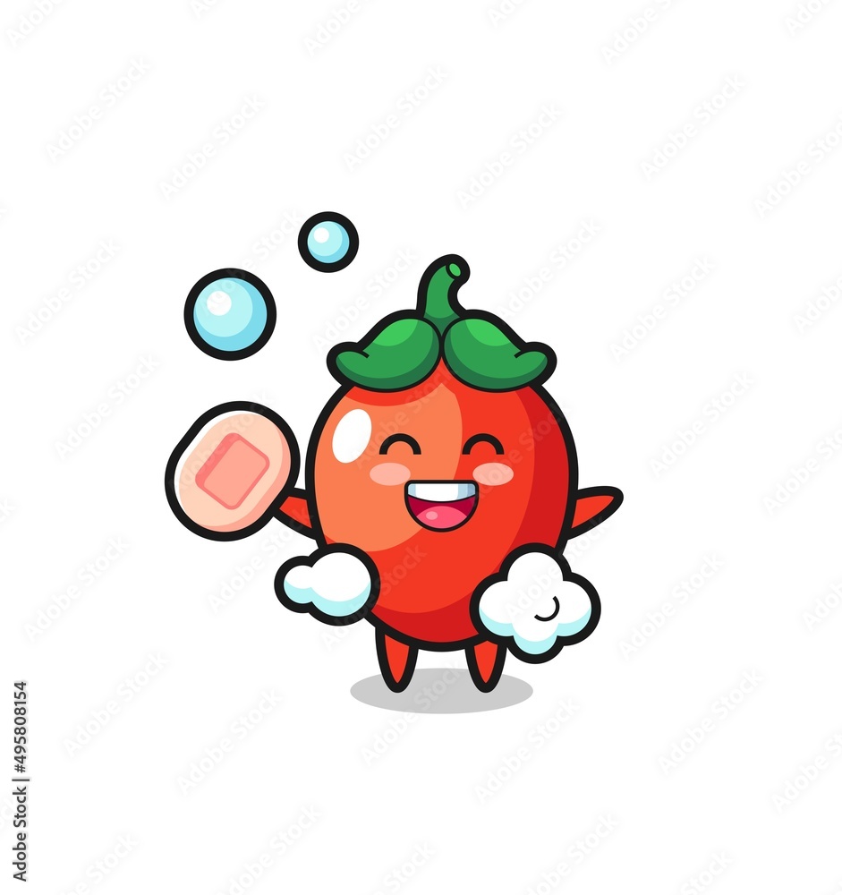 chili pepper character is bathing while holding soap chili pepper character is bathing while holding soap