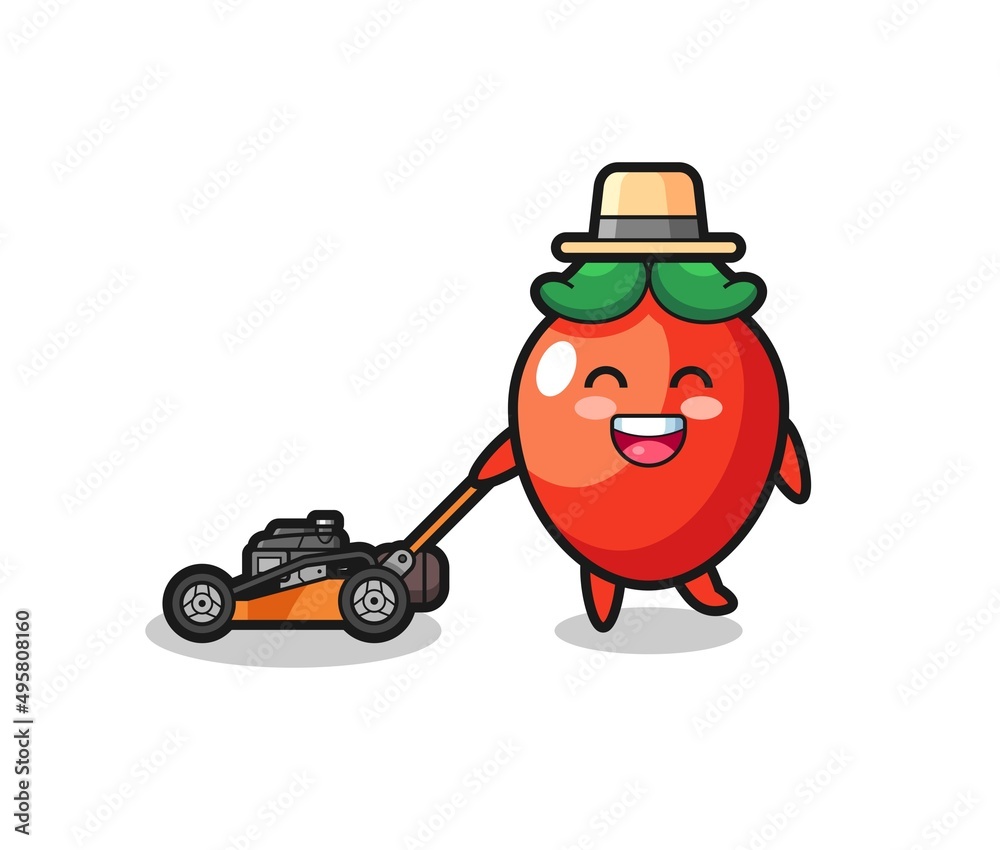 illustration of the chili pepper character using lawn mower illustration of the chili pepper character using lawn mower