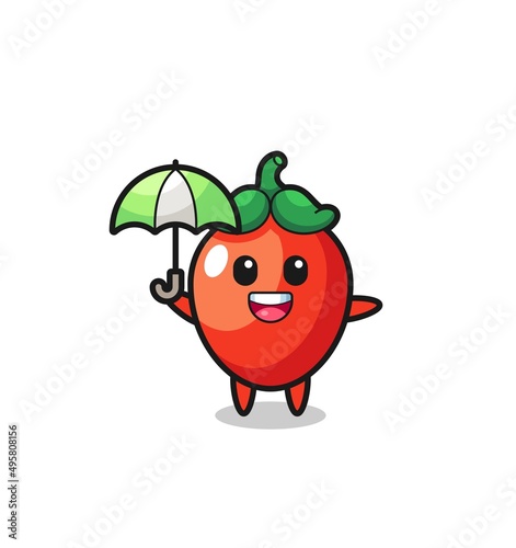 cute chili pepper illustration holding an umbrella
