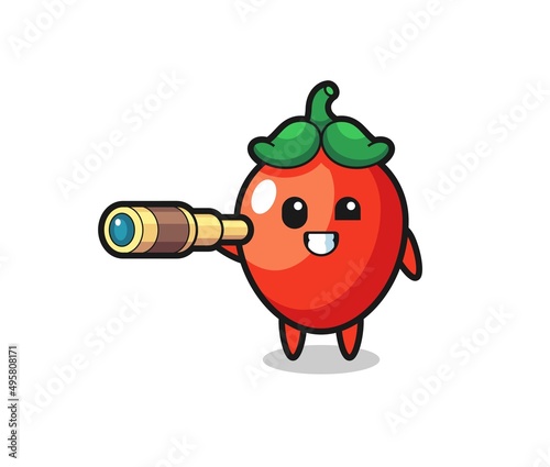 cute chili pepper character is holding an old telescope
