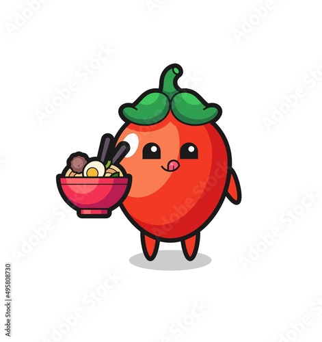 cute chili pepper character eating noodles