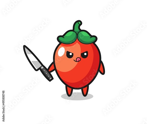 cute chili pepper mascot as a psychopath holding a knife