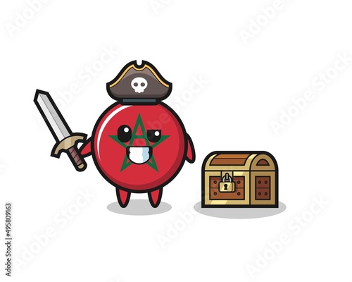 the morocco flag pirate character holding sword beside a treasure box