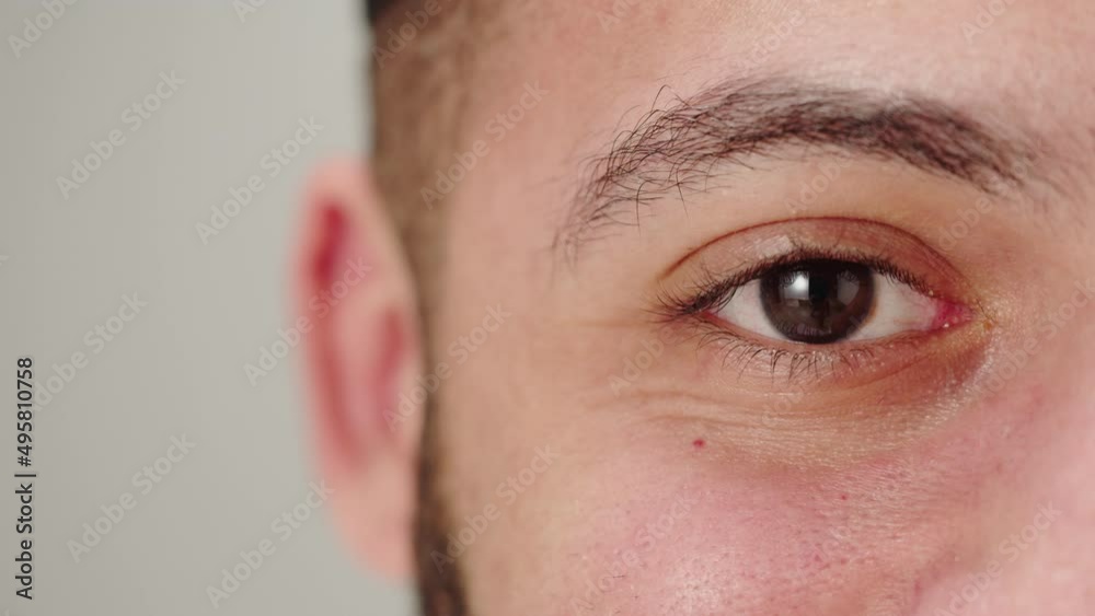 Muslim man half-face portrait, brown eye. Male egyptian eyes close-up. Ophthalmology concept.