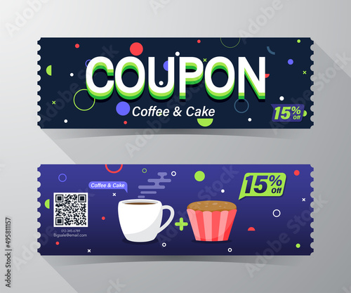 Coffee and Cake Coupon 15% Off. Ticket card element template for graphics design. Vector illustration