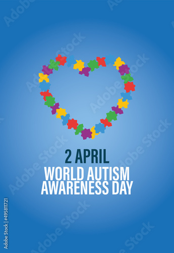 Banner por el Día del Autismo con corazón formado de piezas de rompecabezas de colores. Concepto de Autismo.