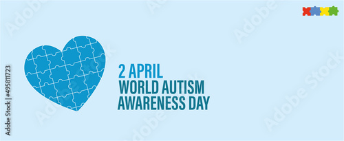 Banner por el Día del Autismo con corazón celeste. Concepto de Autismo.