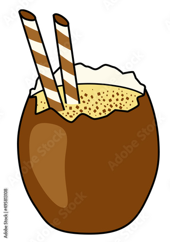 Cute sweet Easter special yellow cocktail mocktail in chocolate egg glass. Doodle cartoon vector illustration isolated on white. For cards, cocktail party poster, invitation or stickers.