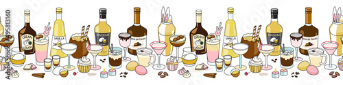 Easter holiday cocktail seamless line ornament border. Cute pink and yellow drinks in glasses decorated with sugar bunnies and chocolate eggs, liquor bottles, bar shaker and sweet garnish