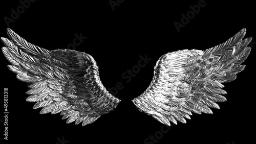 Metallic silver wings under black lighting background. Concept image of free activity, decision without regret and strategic action. 3D CG. 3D illustration.