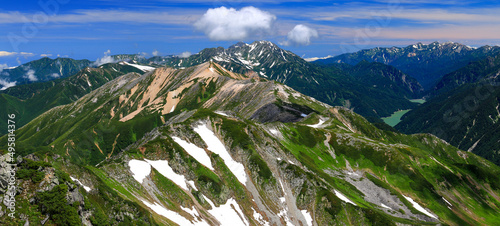 北アルプス水晶岳山頂からの山々　立山連峰、剣岳、後立山連峰、黒部湖遠景