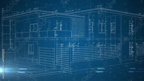 Architecture engineering design schematic of a house home exterior blueprint wire frame in abstract form for building and construction - Illustration Rendering