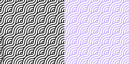 geometric seamless background with a pattern consisting of a sequence of overlapping waves, circles and squares of different warm colors. A recurring geometric theme.