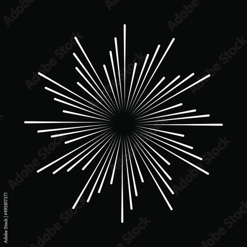 White radial lines. Round form. Explosion background. Star rays. Sunburst. Fireworks. Design element for frames, prints, tattoo, web, template, logo, and comic books