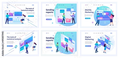 Set of landing pages about testing programs and mobile applications. Isometric 3D and 2D illustrations. Programmers, developers of mobile applications