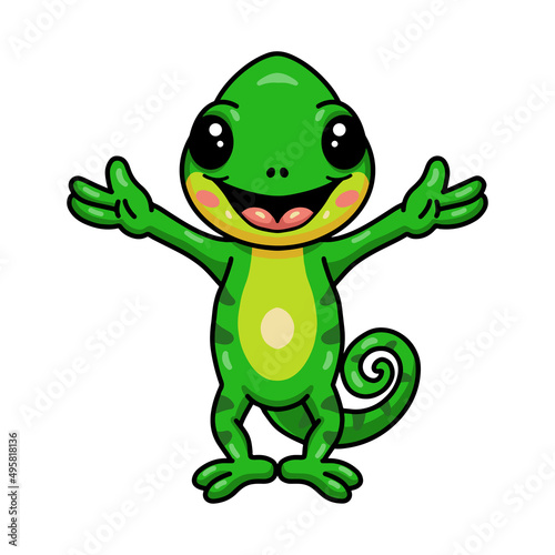 Cute little chameleon cartoon raising hands